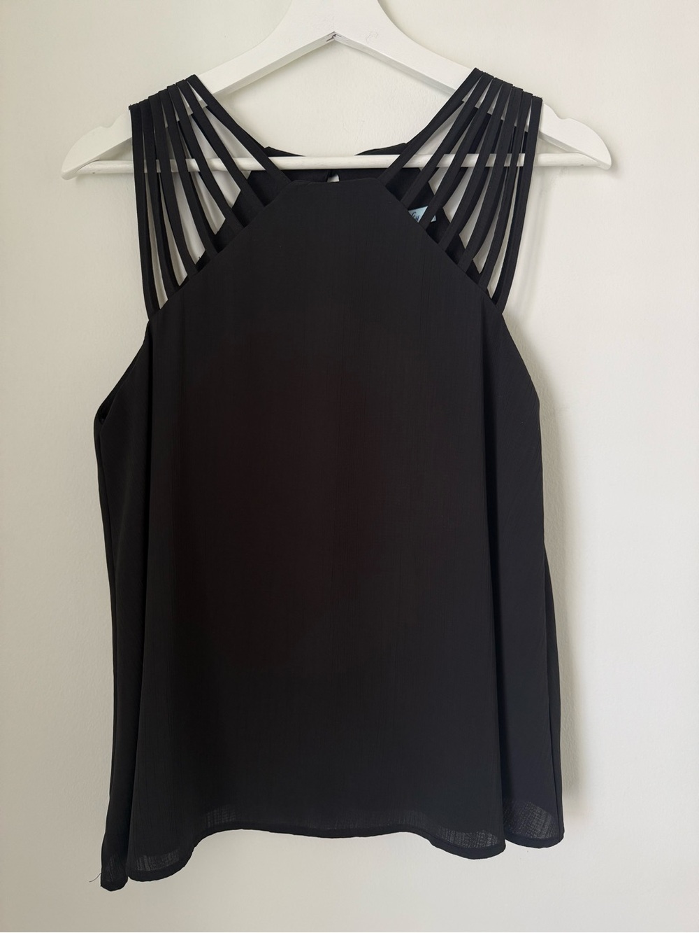 She and Sky Cage Strap Flowy Black Blouse Small